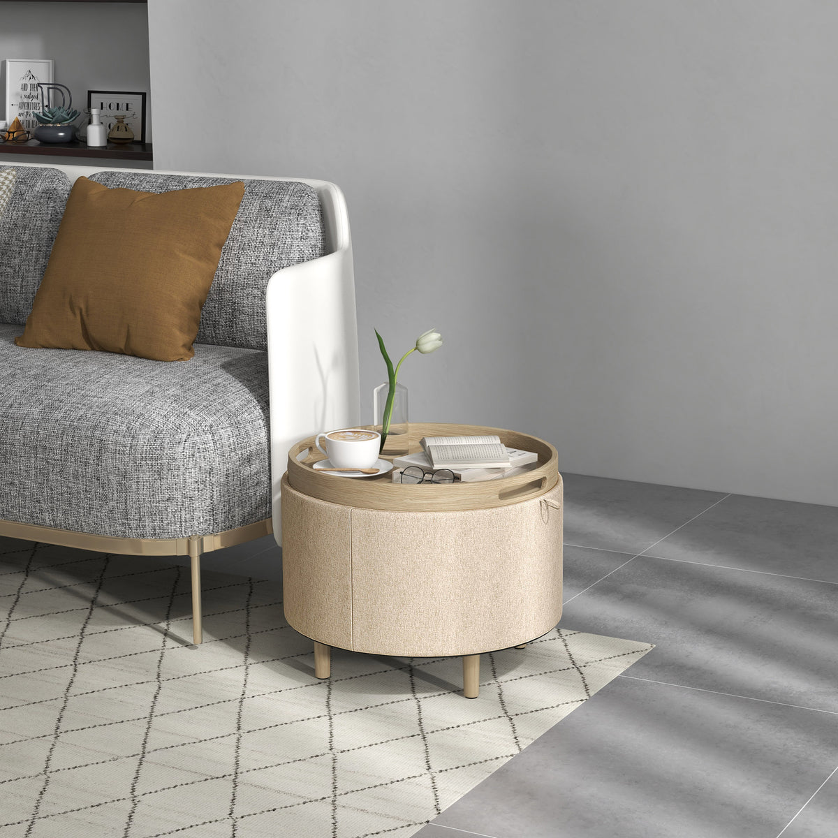 Pouf rotondo poggiapiedi sgabello con vano contenitore, vassoio reversibile, mobile 3 in 1 gambe in legno beige