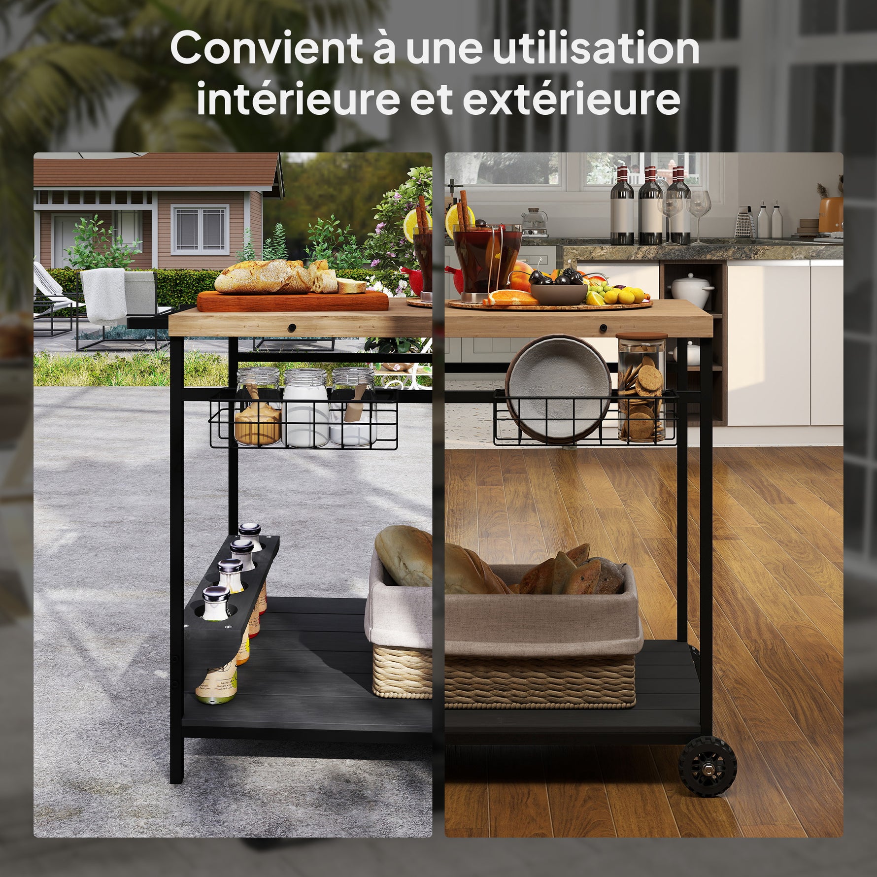 Desserte de jardin chariot pour plancha barbecue en bois et métal avec poignée 2 plateaux 2 paniers et porte-bouteilles