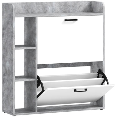 Meuble à chaussures 15 paires, armoire à chaussures moderne avec 2 tiroirs rabattables, 83x24x90,5cm, blanc et gris