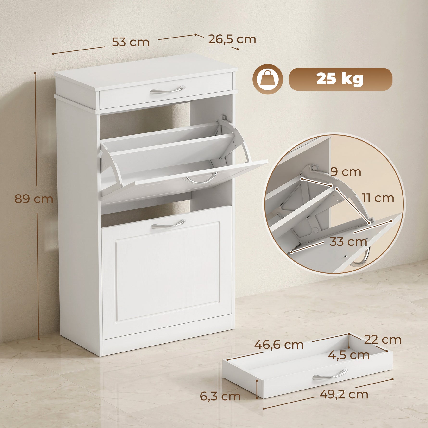 Meuble chaussure 8 paires, armoire à chaussures étroit avec tiroir et 2 portes abattants et étagère réglable, blanc