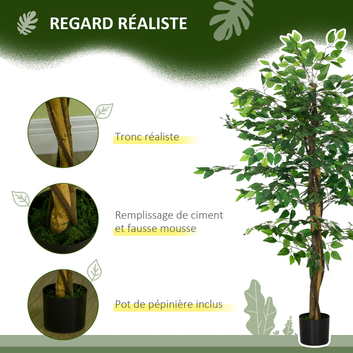 Plante artificielle ficus hauteur 1,50 m tronc branches liane lichen feuilles grand réalisme pot inclus vert