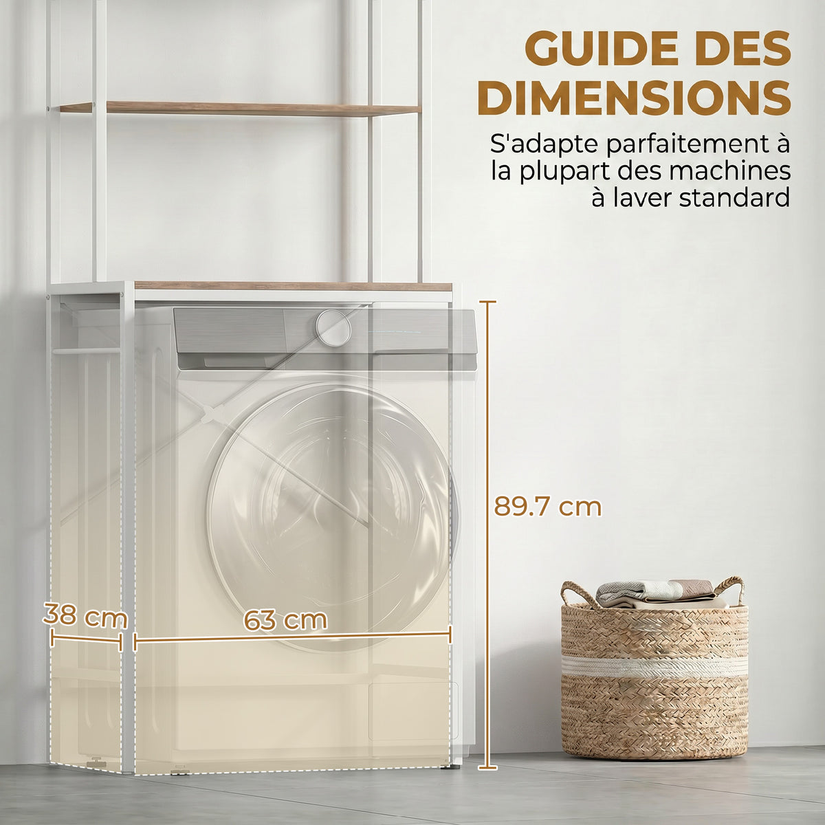 Étagère de Machine à Laver 3 Niveaux, Meuble pour Lave-Linge et Sèche-Linge avec Barre de Suspension, Marron et Blanc
