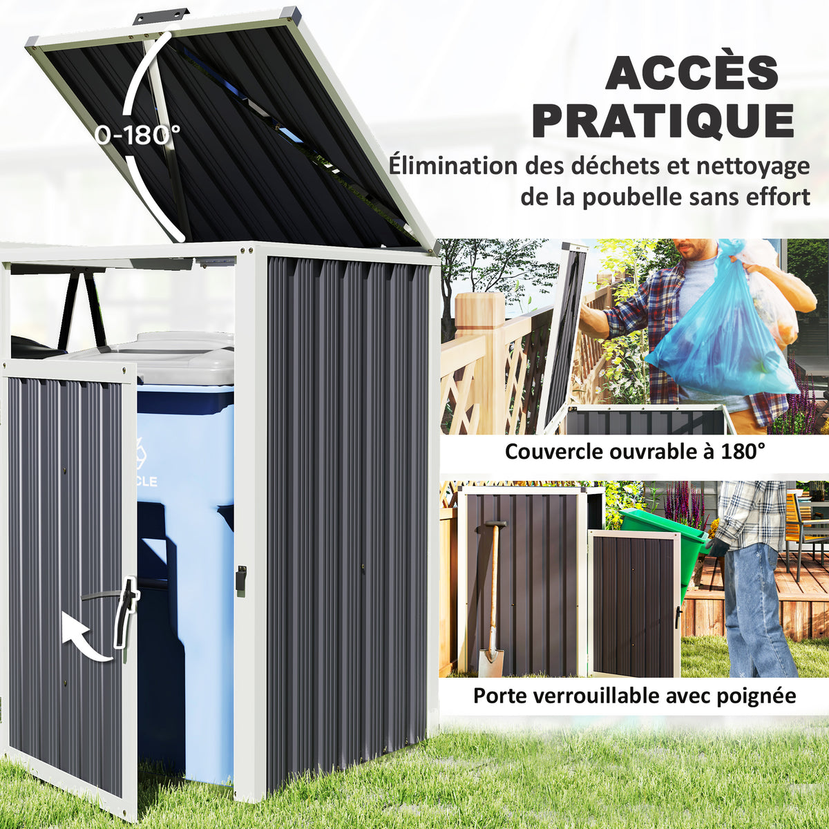 Abri pour 2 poubelles 240L cache poubelle extérieur couvercle relevable 180° acier galvanisé 146x81x122cm gris foncé