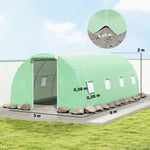 Serre de Jardin Tunnel 18 m² dim. 6L x 3l x 2H m - 8 fenêtres, Porte zippée Enroulable - châssis Tubulaire Acier galvanisé, bâche PE Haute densité Vert