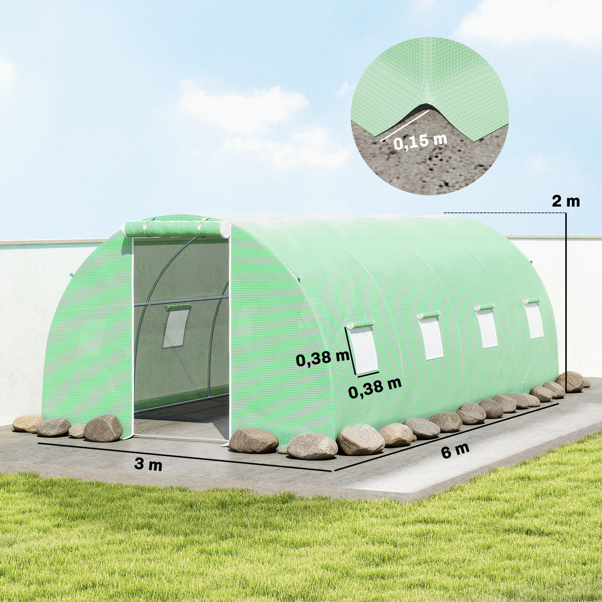 Serre de Jardin Tunnel 18 m² dim. 6L x 3l x 2H m - 8 fenêtres, Porte zippée Enroulable - châssis Tubulaire Acier galvanisé, bâche PE Haute densité Vert