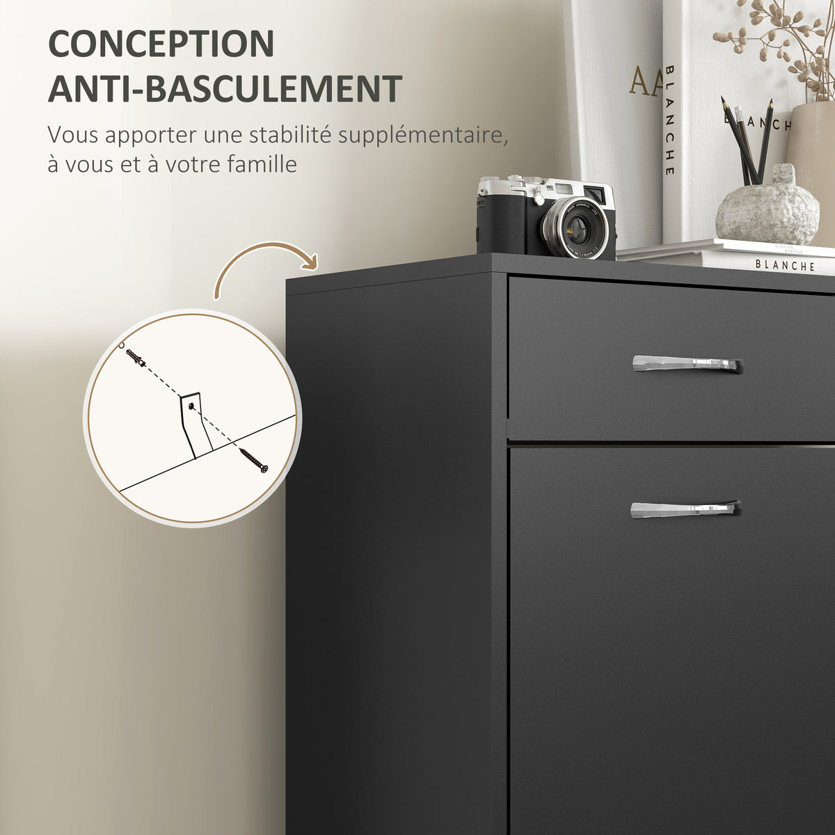 Shoe cabinet with 2 drawers and 2 drop-down doors with adjustable shelf, aluminum handles. 80 x 30 x 91.5 cm, Black