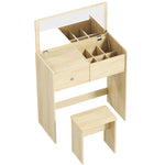 Schreibtisch-Schminktisch 2-in-1 mit klappbarem Spiegel und Hocker, Schminktisch mit Schublade und 6 Fächern, Eiche