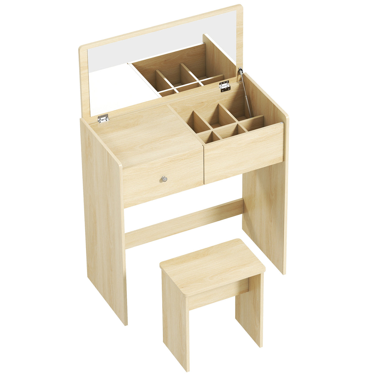 Schreibtisch-Schminktisch 2-in-1 mit klappbarem Spiegel und Hocker, Schminktisch mit Schublade und 6 Fächern, Eiche