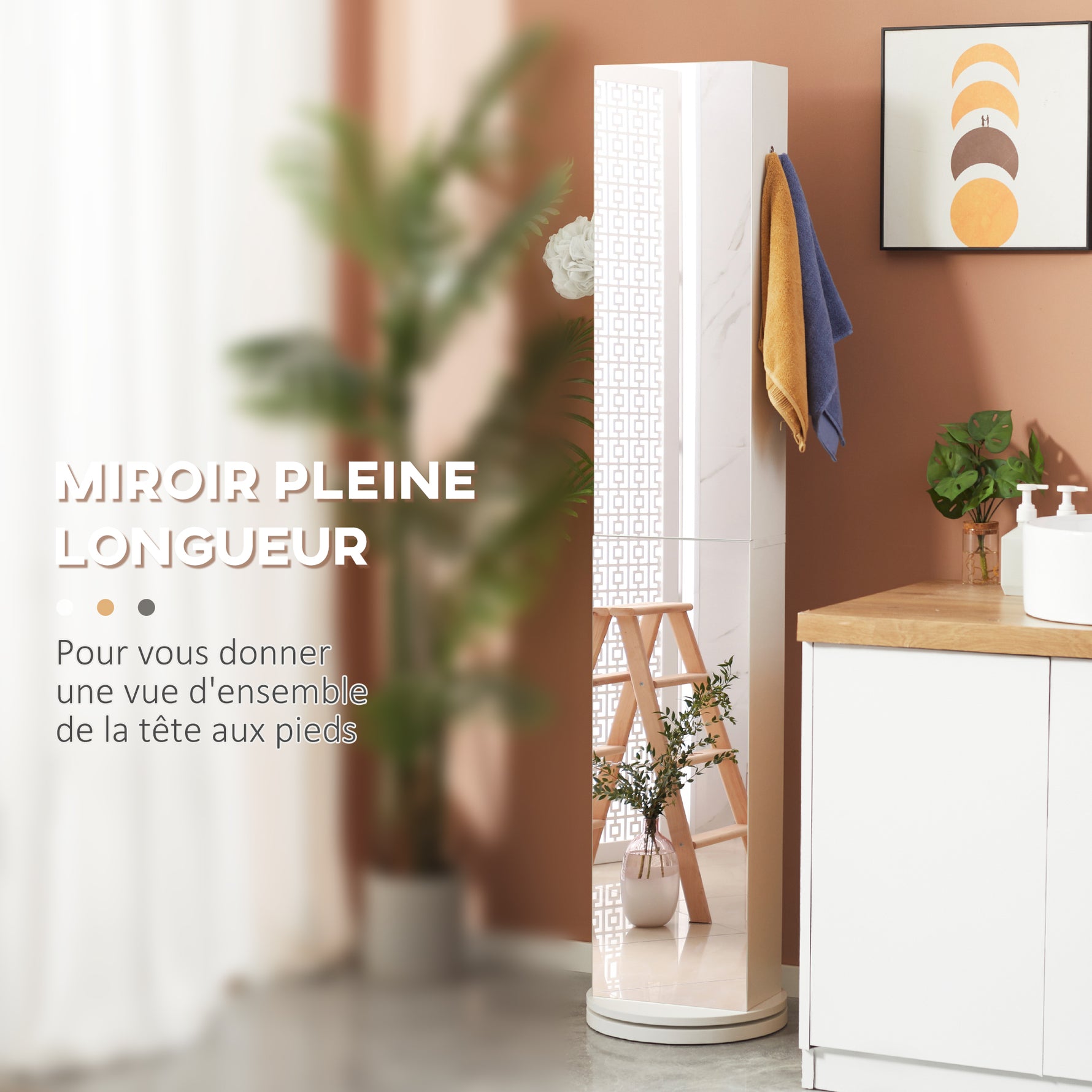 Meuble colonne de salle de bain pivotant avec miroir 6 étagères 36 x 36 x 171 cm blanc