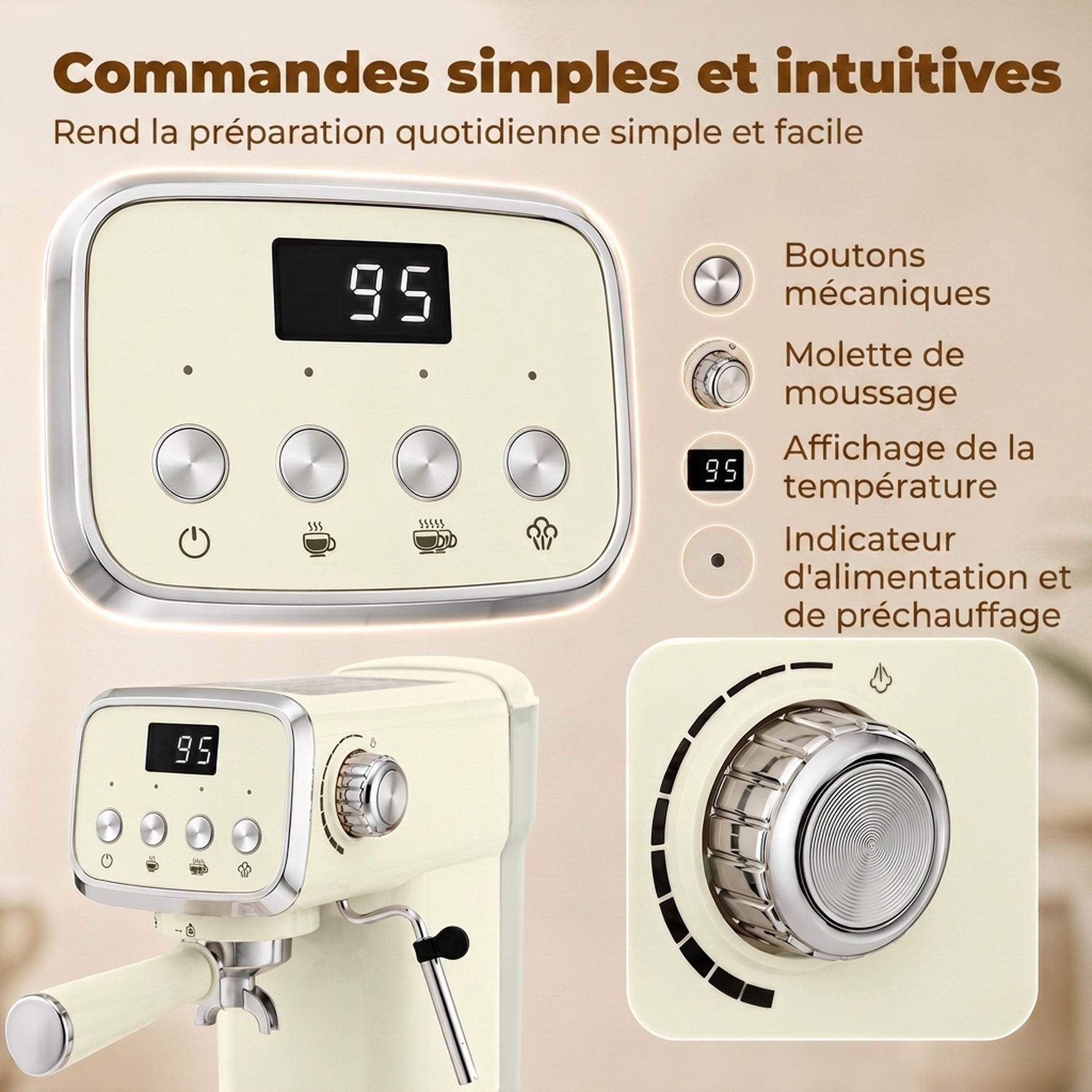 Machine à Expresso avec Buse Vapeur à Mousse de Lait, Cafetière 20Bars, Réservoir d'Eau Amovible 1,2 L, Crème