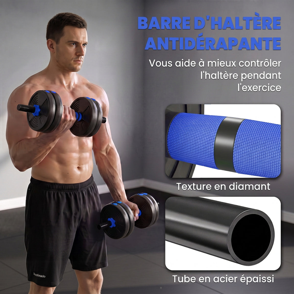Kit haltères musculation haltères réglables 15 kg 3 en 1, ensemble de poids réglable avec barre d'extension noir