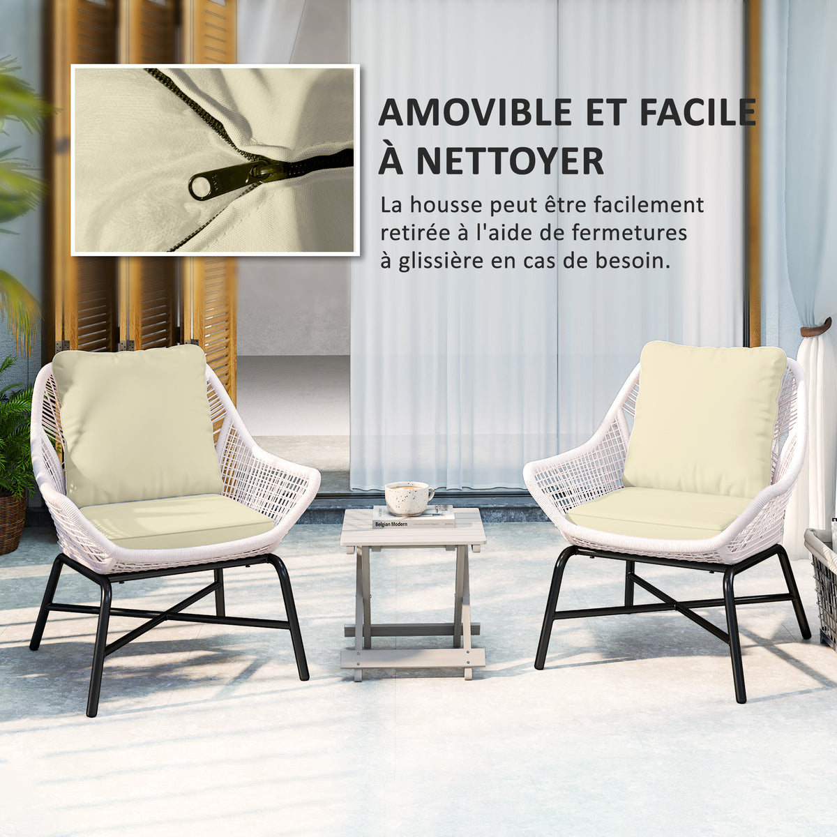 Ensemble de 2 coussins d'assise avec dossier, coussin d'assise et de dossier extérieur et intérieur, crème