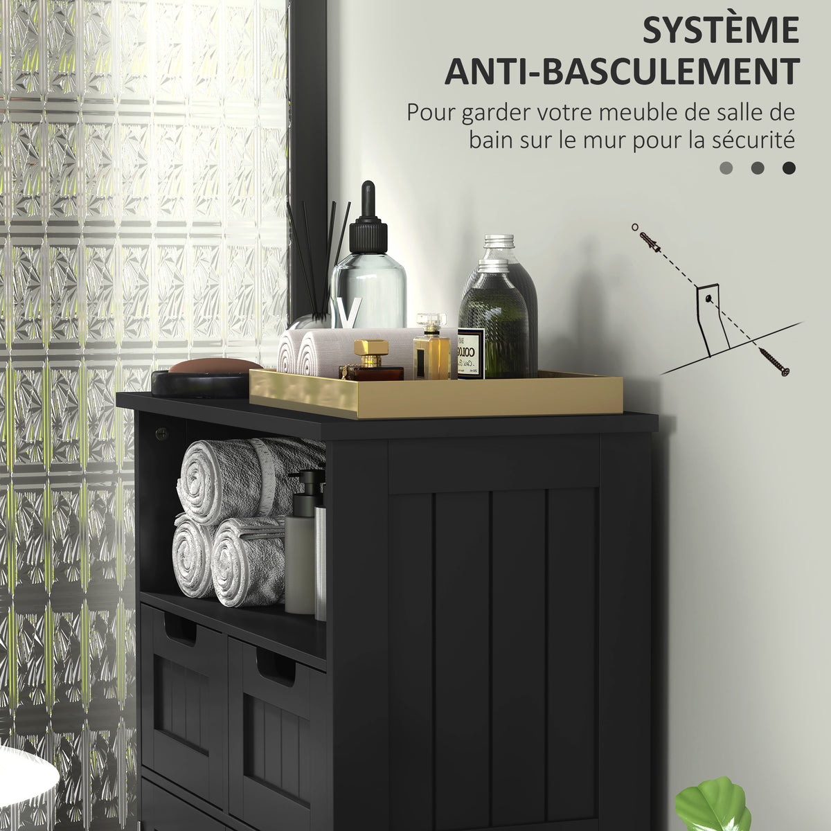 Meuble Bas de Salle de Bain Multi-rangements Grande Niche 2 tiroirs Placard Double Porte avec étagère Noir