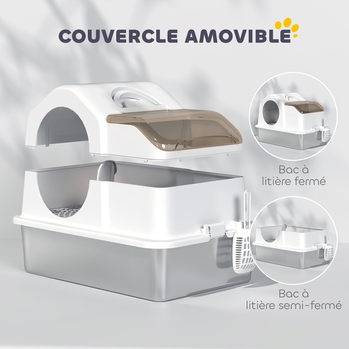 Maison de toilette pour chat avec couvercle amovible, bac à litière chat fermé côtés hauts, 60,5x40,5x45cm, blanc