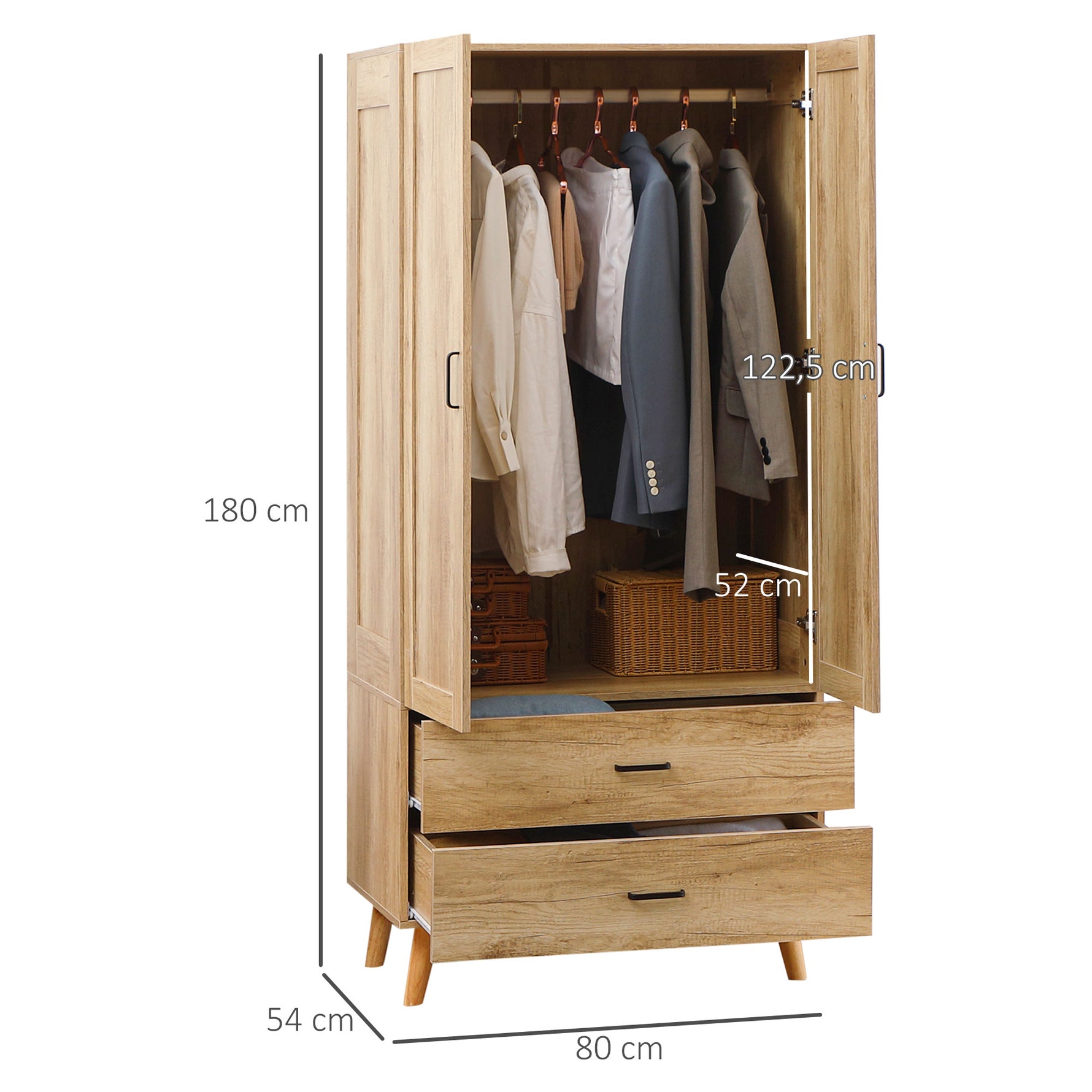Armoire à vêtements armoire de rangement 2 portes et 2 tiroirs avec tringle - 80 x 54 x 180 cm