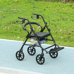 Déambulateur 4 roues - déambulateur pliable léger - assise + dossier rembourré - poignées ergonomiques, freins à main - panier rangement - cale-pied - métal noir