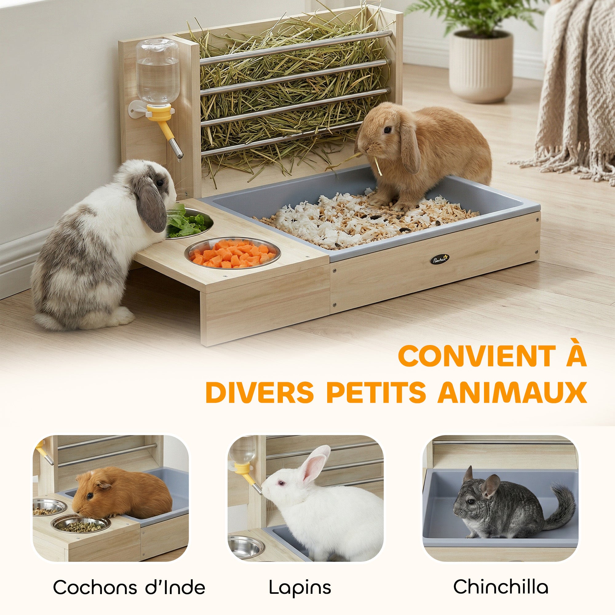 Wooden Hay Rack for Rabbits 3-in-1 Rabbit Feeder with Litter Box and Water Bottle 58x40x32cm Natural Wood