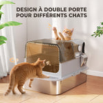 Maison de Toilette pour Chat XXL en Inox, Couvercle 90°, Double Porte, Filtre Frontal, Pelle, 70x50x46,5cm, Gris