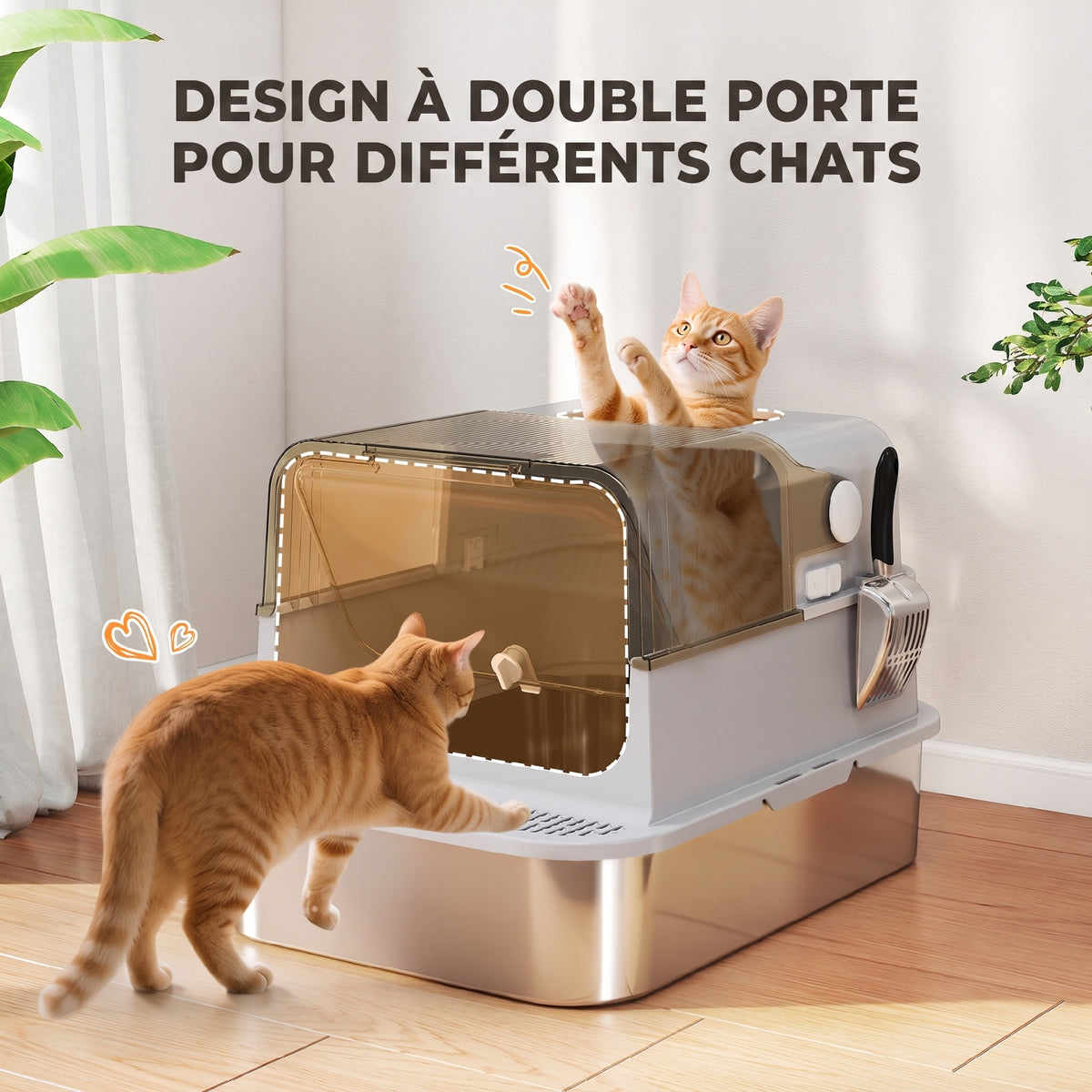 Maison de Toilette pour Chat XXL en Inox, Couvercle 90°, Double Porte, Filtre Frontal, Pelle, 70x50x46,5cm, Gris