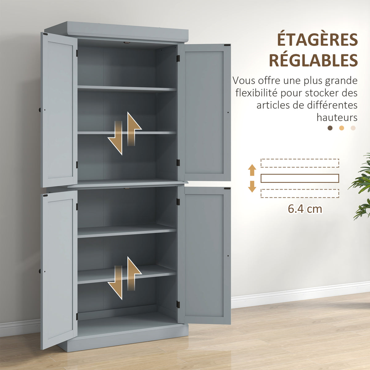 Armoire de cuisine buffet cuisine style moderne avec placards, étagères réglables, 76 x 40,5 x 184 cm, gris