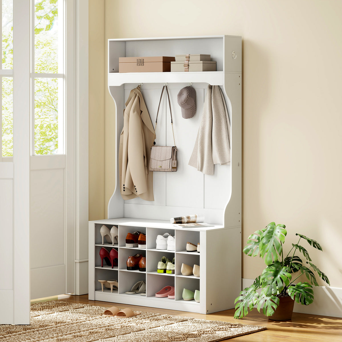 Porte-Manteau 4-en-1 avec Banc, Banc d'Entrée avec 12 Compartiments à Chaussures, 6 Crochets et Étagère Ouverte, Blanc