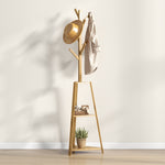 Portemanteau sur pied en bois bambou portant à vêtements 8 patères 3 étagères 46 x 46 x 175 cm naturel