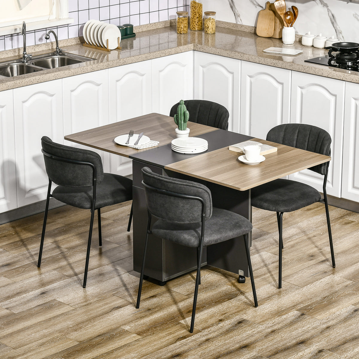 Table de salle à manger pliante sur roulettes avec rangement 2 tiroirs et 1 placard 76 x 140 x 74 cm