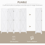 Paravent intérieur 4 Panneaux Style campagnard Chic - séparateur de pièce avec croisillons - Bois de Paulownia Blanc
