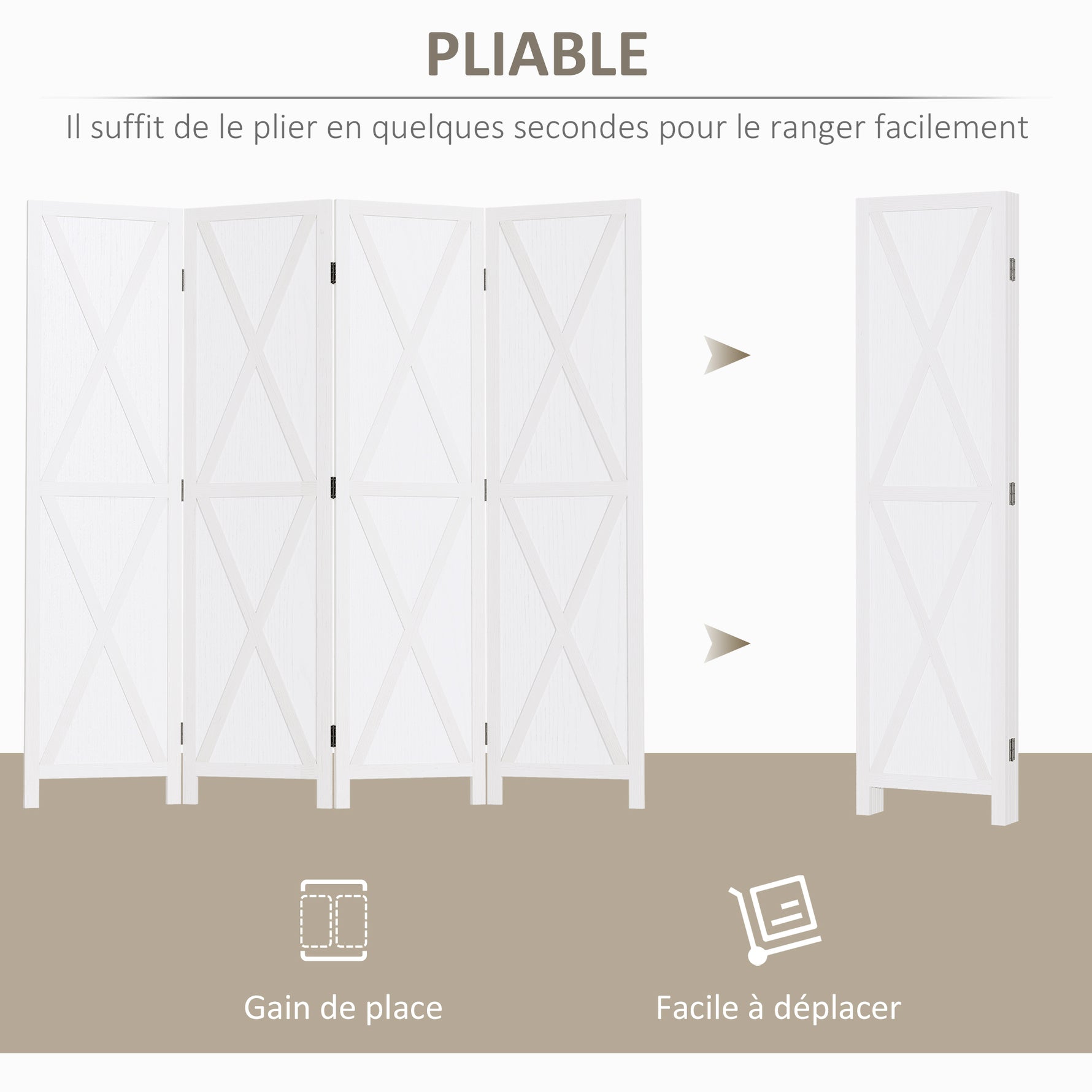Paravent intérieur 4 Panneaux Style campagnard Chic - séparateur de pièce avec croisillons - Bois de Paulownia Blanc