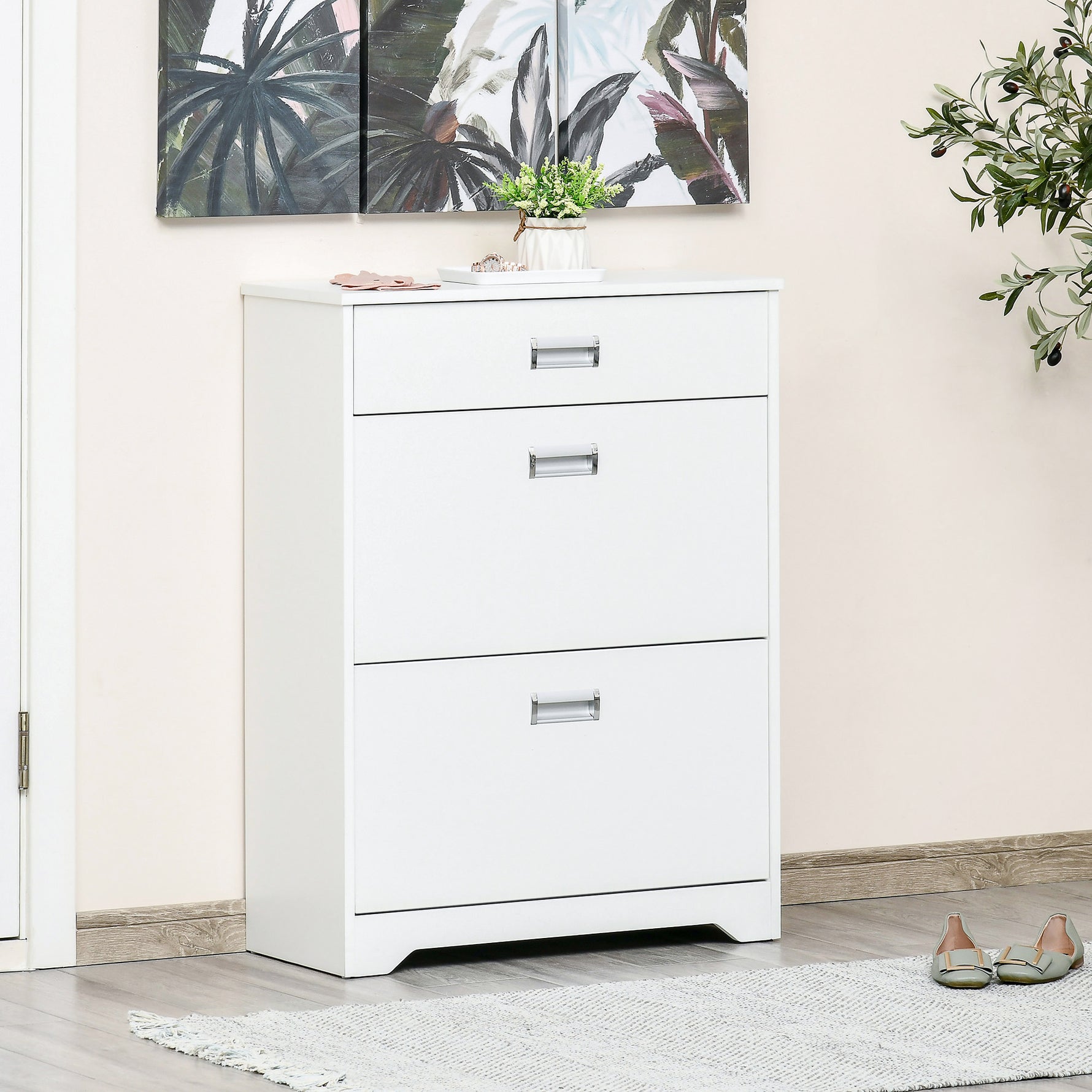 Meuble à chaussures avec 2 tiroirs rabattables étagère réglable + 1 tiroir  jusqu'à 16 paires 70L x 29l x 92H Blanc