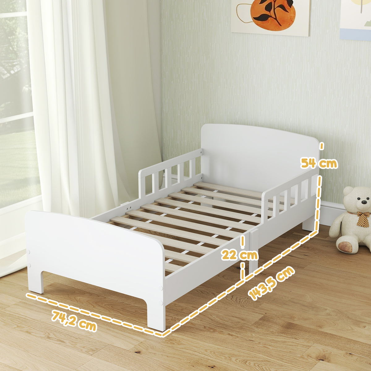 Lit enfant lit au sol enfant barrières de sécurité haut sommier à lattes et cadre robuste 143,5 x 74,2 x 54 cm blanc-2