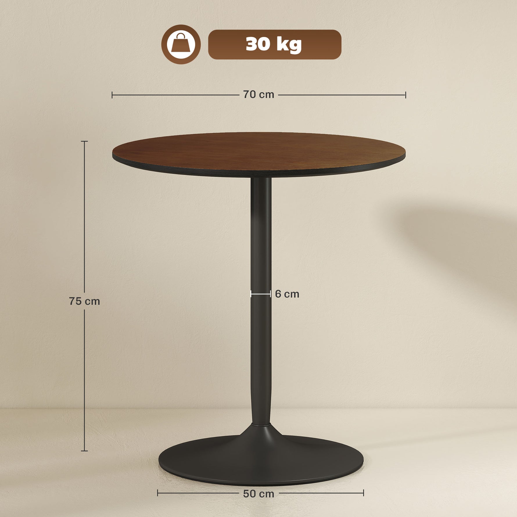 Table à manger ronde 70 cm pour 2 personnes avec plateau en placage de bois massif et piétement en acier marron