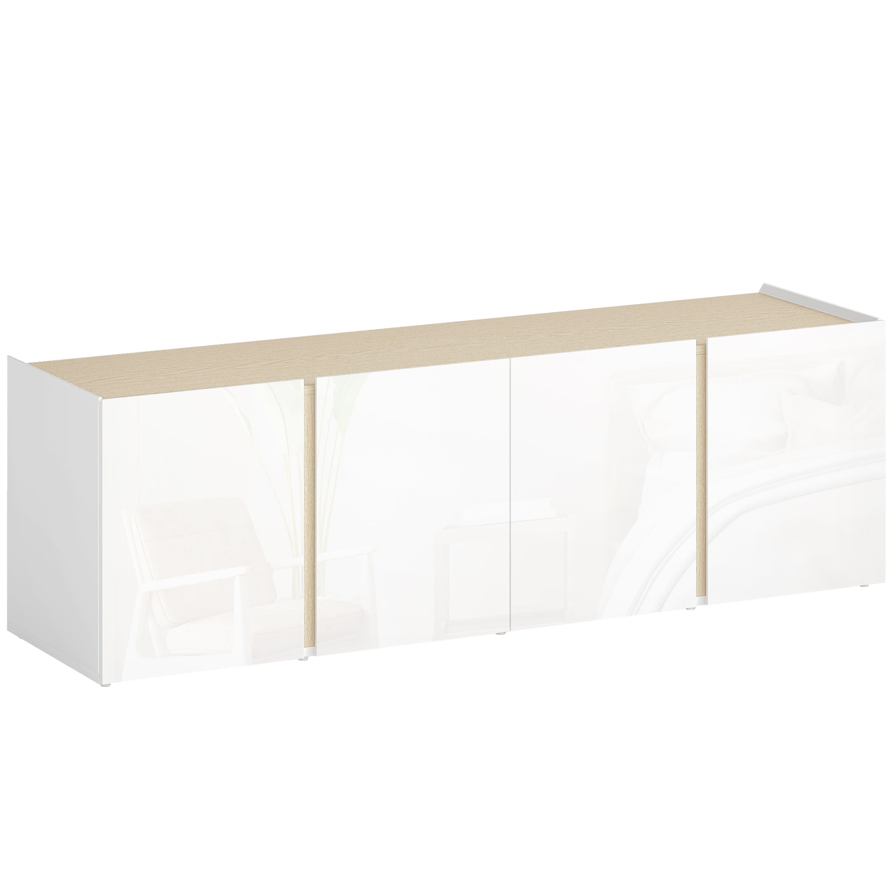 Meuble TV, banc TV avec 4 portes à fermeture amortie, étagère réglable et passe-câbles, 135 x 38 x 45 cm, blanc