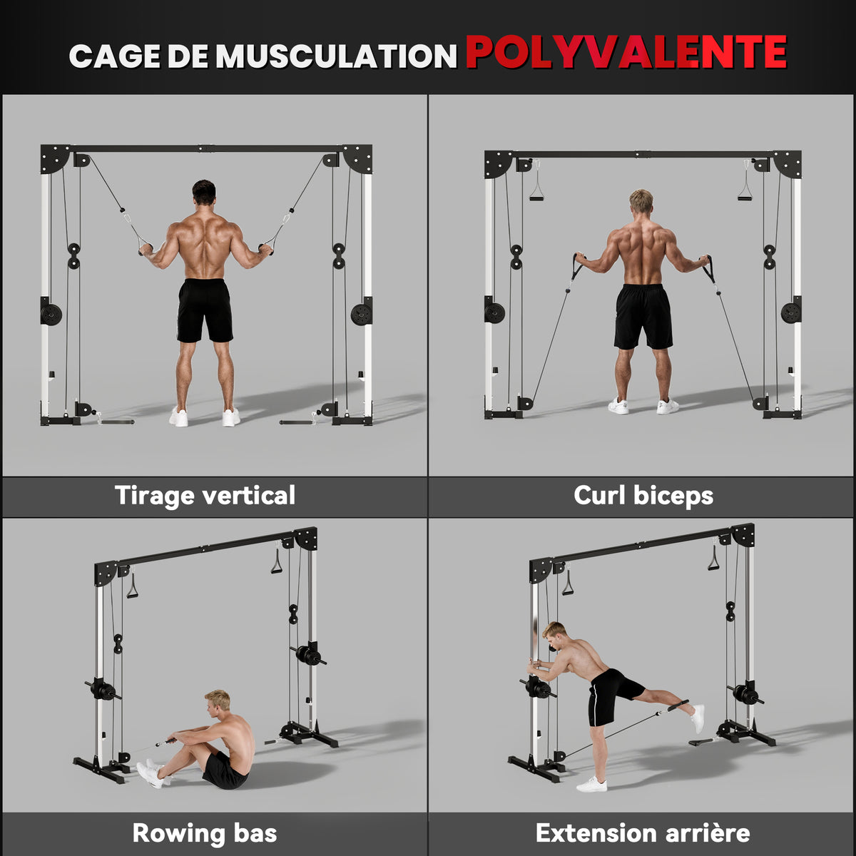 Appareil de musculation double poulie vis à vis crossover, charge libre avec haltère 2 x 50kg dim. 245L x 85l x 207H cm