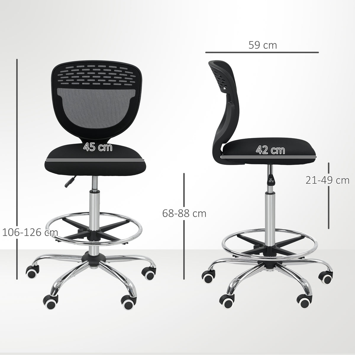 Chaise de bureau ergonomique en maille, chaise de dessin, hauteur et repose-pieds réglable, 59 x 59 x 106-126 cm, noir