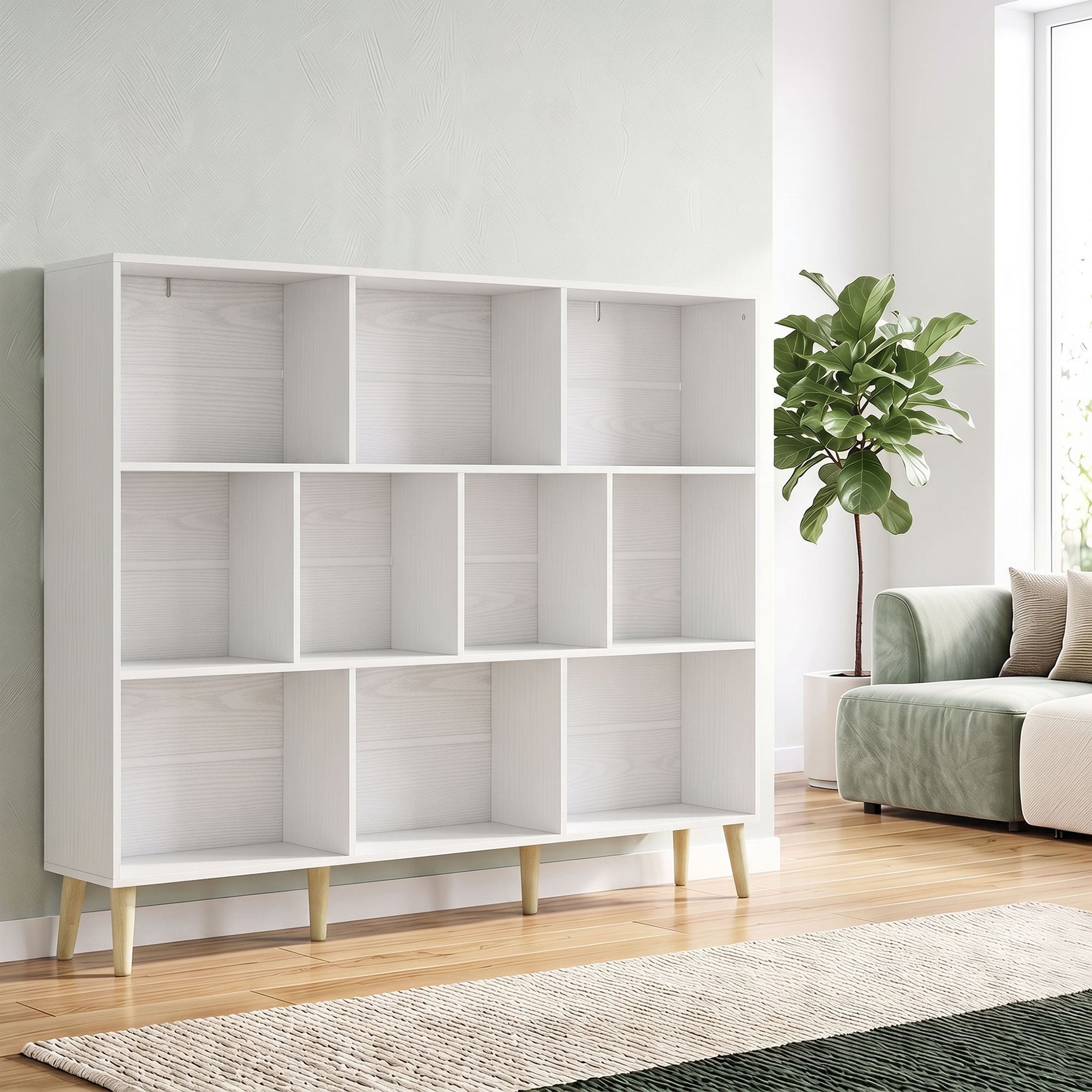 Bibliothèque à 3 Niveaux avec 10 Compartiments, Étagère de Rangement avec Pieds en Bois Massif, Effet Bois Blanc