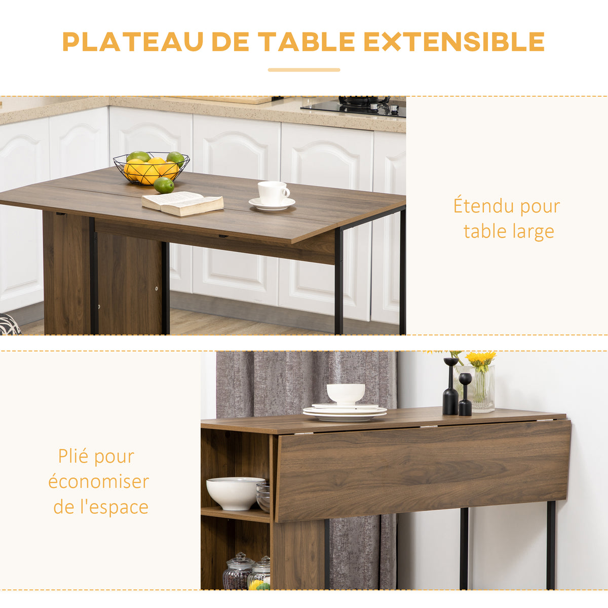 Centraal kookeiland bartafel met inklapbaar zijblad en 3 planken 120 x 76 x 91,4 cm bruin