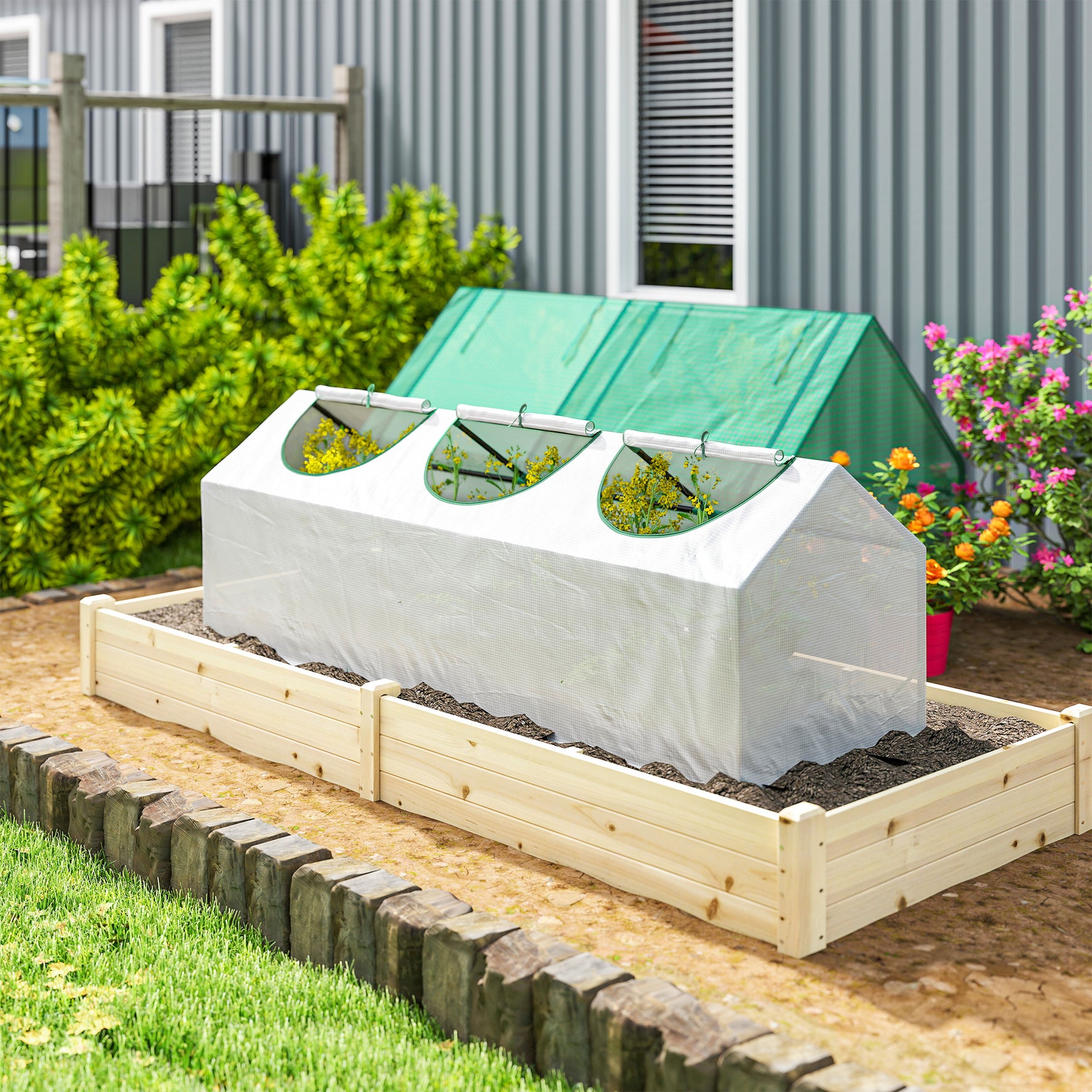 Serre de jardin mini serre 3 fenêtres enroulables couverture en PE haute densité 140 g/m² 180 x 60 x 60 cm blanc