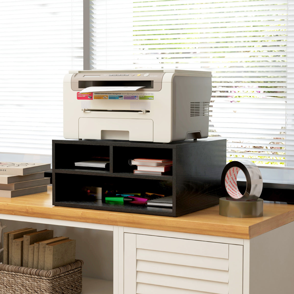 Organizador de escritorio aspecto negro con 3 compartimentos para suministros y soporte de impresora 47 x 40 x 22,5 cm