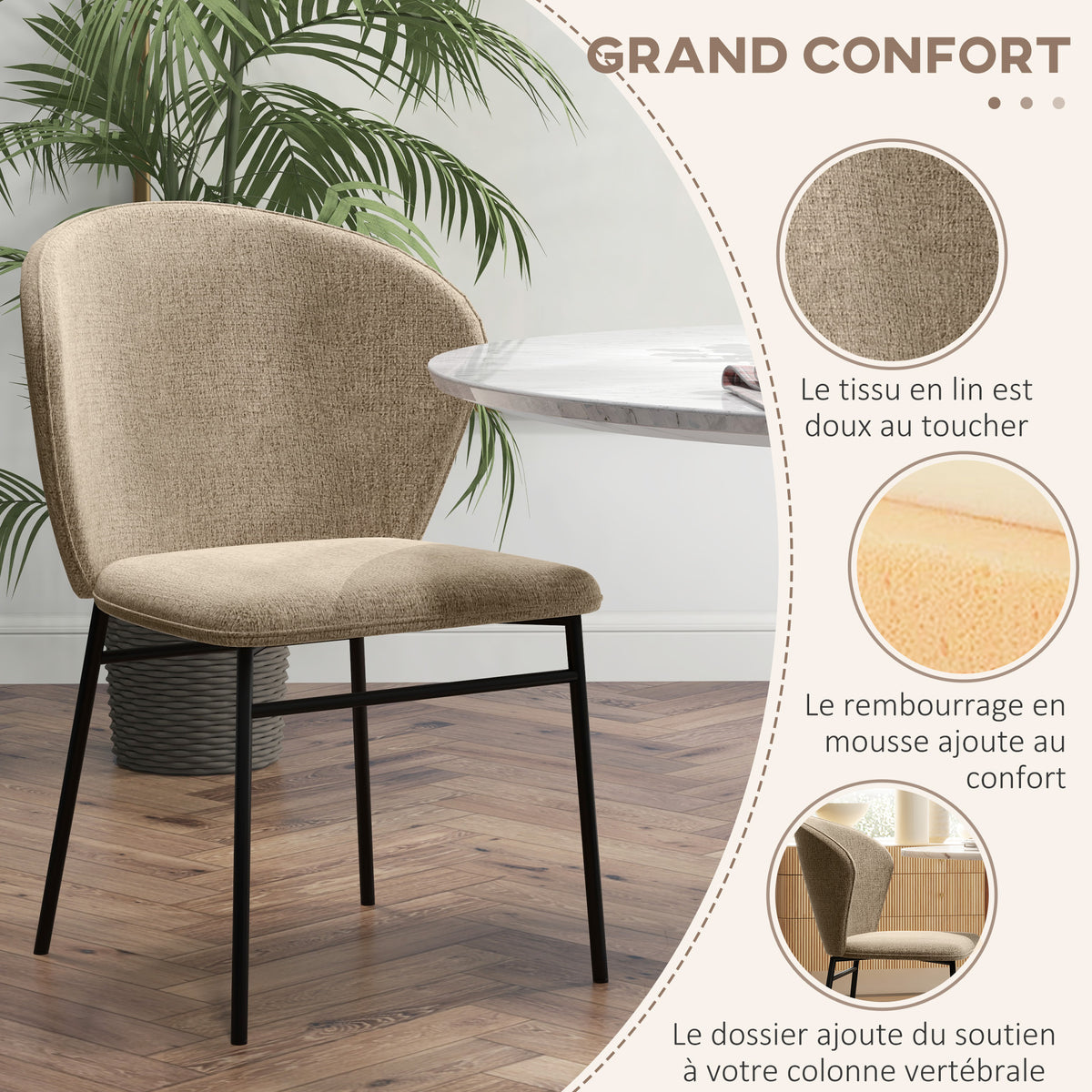 Set di 2 sedie da pranzo con seduta imbottita in tessuto effetto lino, gambe in acciaio stabili, design moderno, marrone chiaro