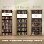 Rangements pour CD et DVD avec 8 compartiments et 6 étagères réglables, capacité max. 360 CD/185 DVD et Blu-ray, noyer