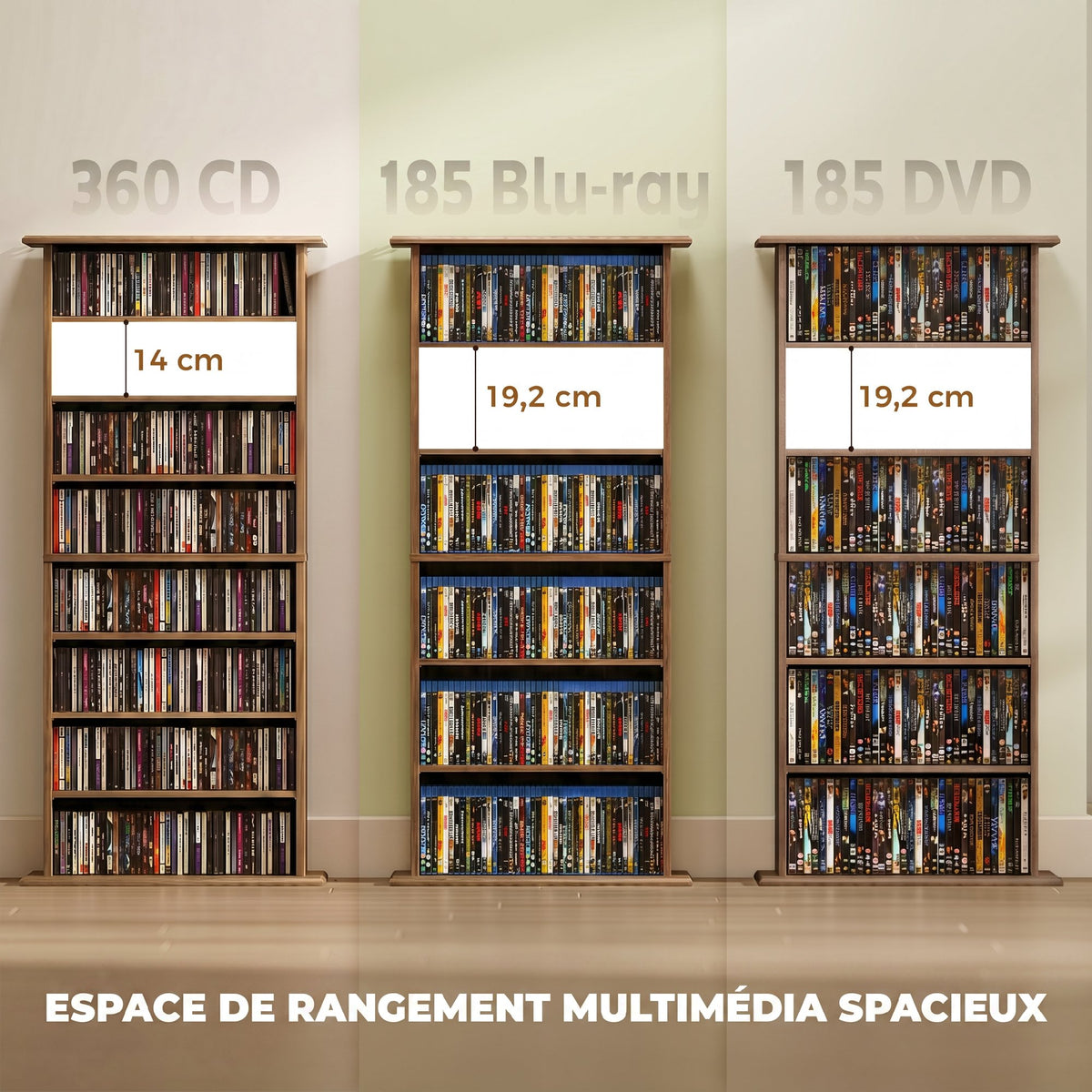 Rangements pour CD et DVD avec 8 compartiments et 6 étagères réglables, capacité max. 360 CD/185 DVD et Blu-ray, noyer