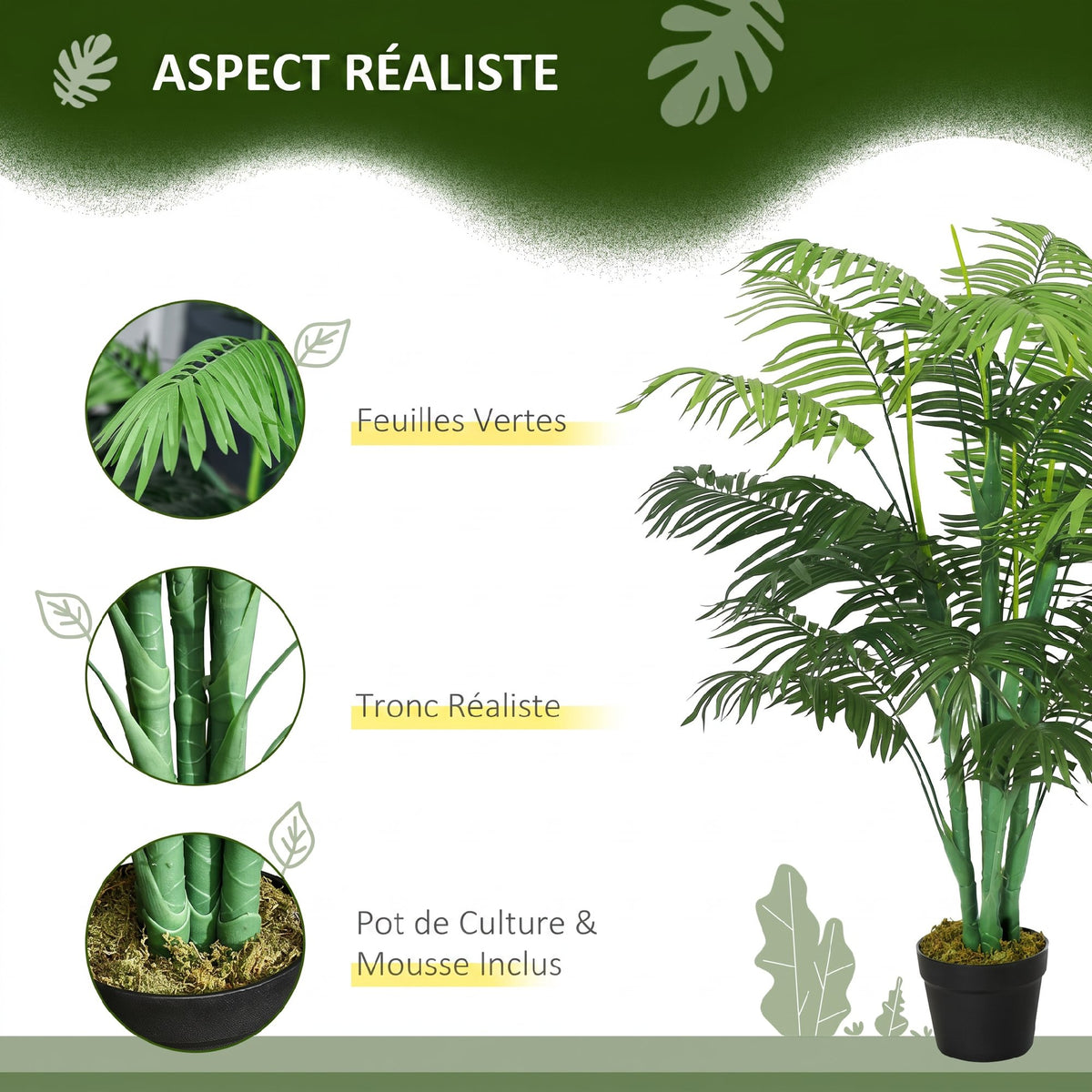 Palmier Artificiel 125 cm avec 18 Grandes Feuilles, Base en Ciment et Mousse de Lichen en PE, pour Salon Chambre, Vert