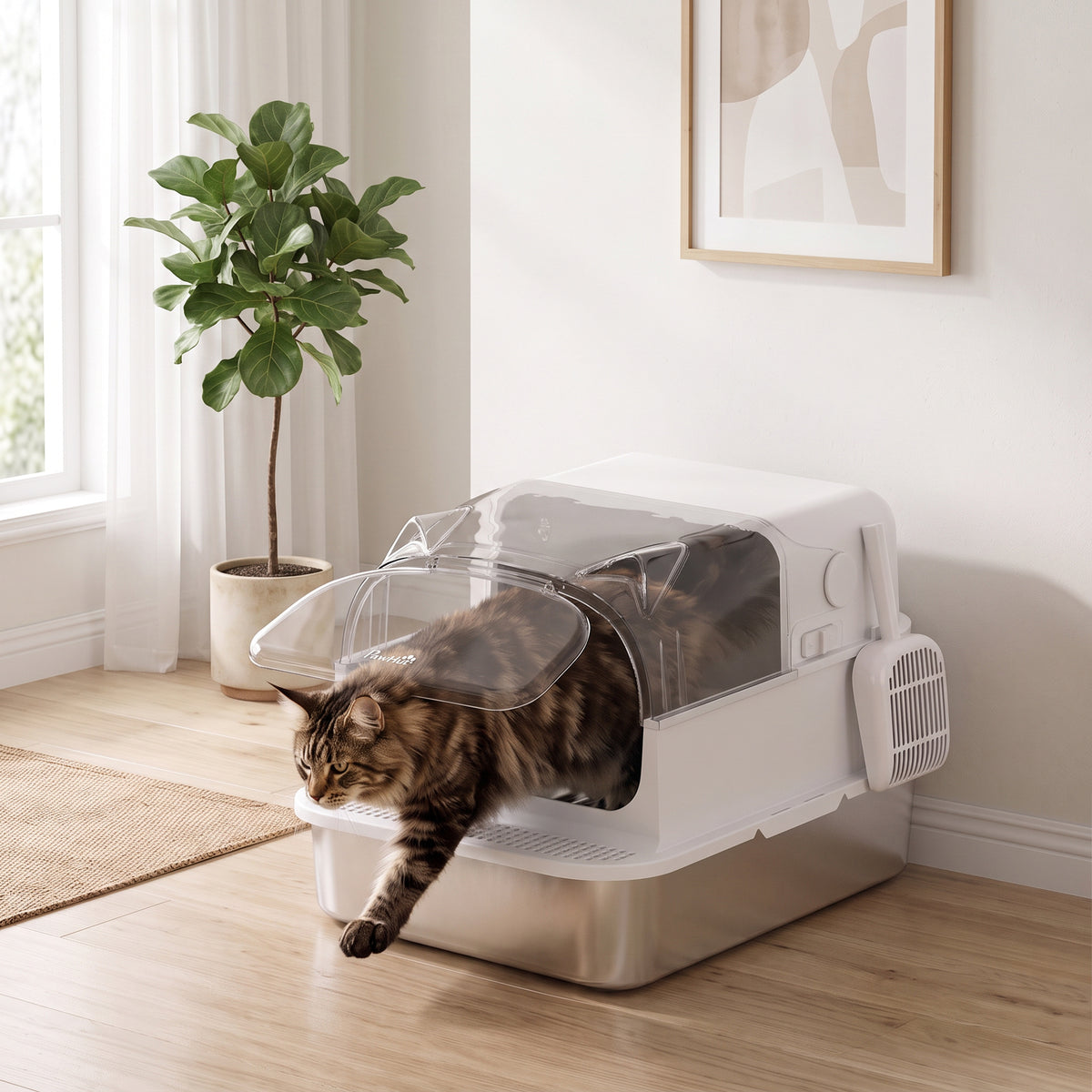Lettiera per Gatti in Acciaio Inox con Coperchio 3 in 1 Bordi Alti Paletta e Sacchetti Antiodore XL 70x50x46cm Bianco