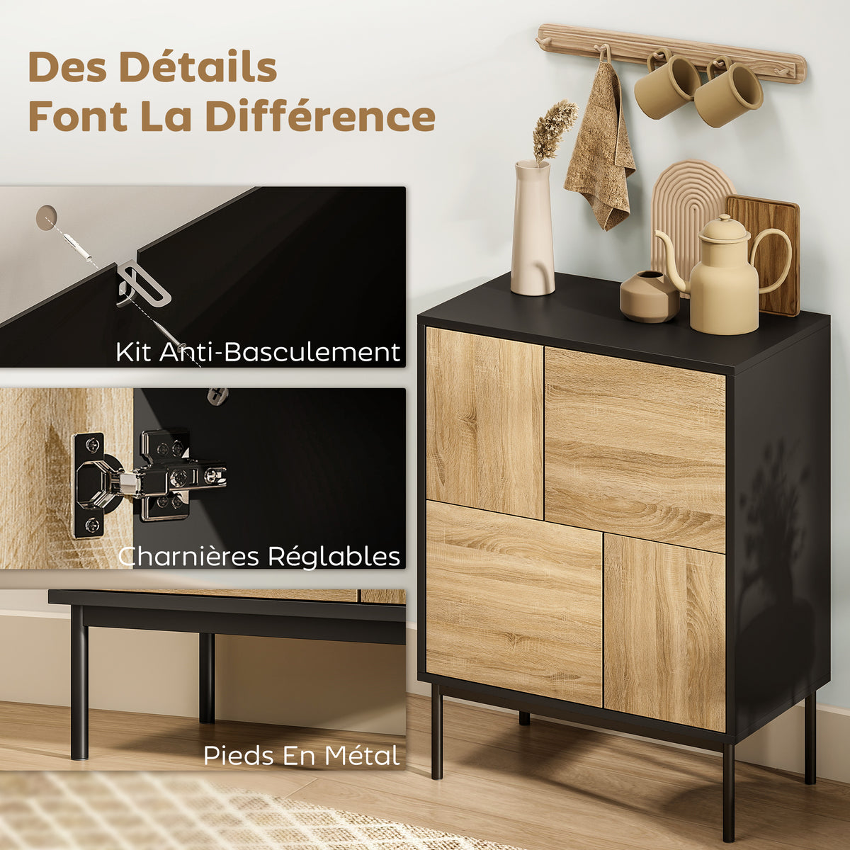 Buffet salon meuble de rangement armoire de cuisine portes à pousser et 4 placards style moderne 60 x 35 x 78 cm, noir
