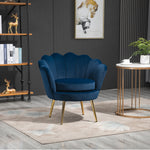 Fauteuil salon fauteuil en velours fauteuil coquillage avec pieds en métal doré pour chambre à coucher, bleu