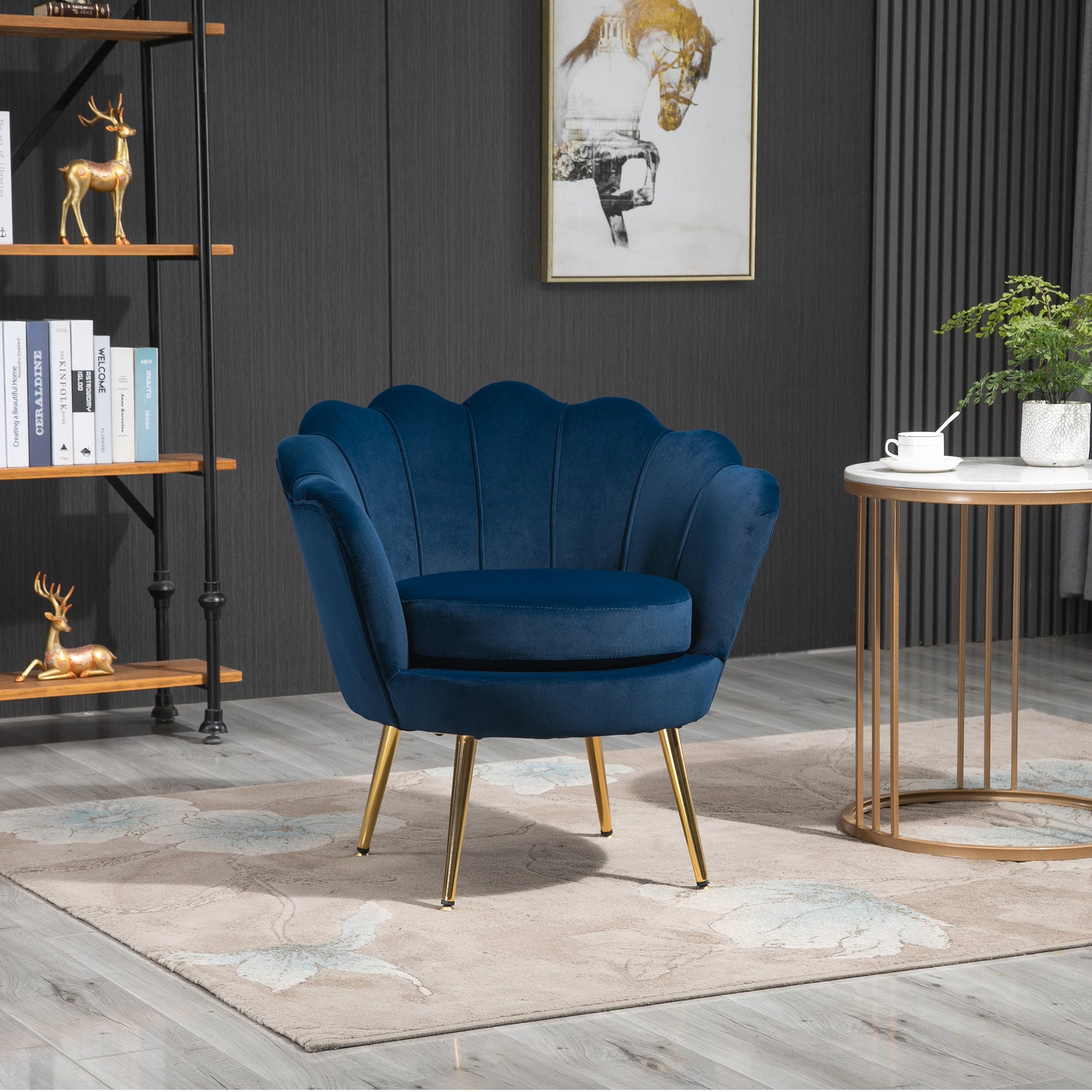 Fauteuil salon fauteuil en velours fauteuil coquillage avec pieds en métal doré pour chambre à coucher, bleu
