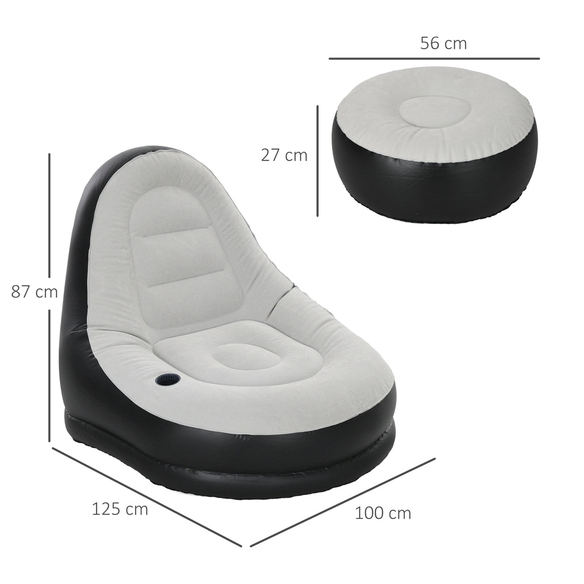 Canapé gonflable et repose-pieds, tissu aspect peluche doux et porte-gobelet, gris