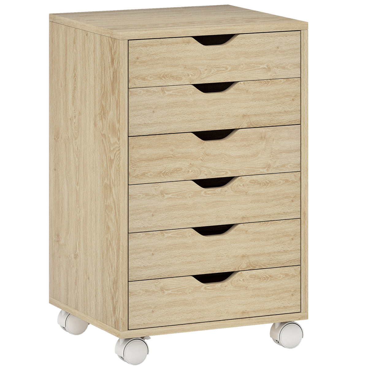 Mobiler Büro-Rollcontainer mit 6 geräuscharmen Schubladen, Druckerständer, eingelassene Griffe, 40 x 35 x 63 cm, Eiche
