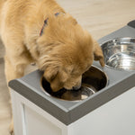Gamelle double chien chat - porte-gamelles surélevé rangement 2 en 1 - tiroir, 2 gamelles - acier inox. MDF blanc gris